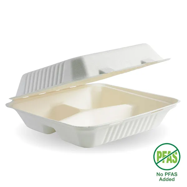 23x23x8 3-Compartment White Sugarcane Clamshell